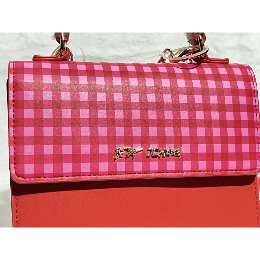 Betsey Johnson Pink & Red Checkered Satchel Queen of Hearts Charm- NWT